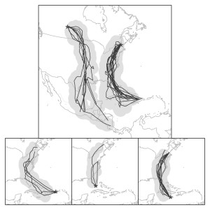 Figure 4. The most probable spring migration routes (lines) and 95% confidence intervals (shaded area) of Ovenbirds (n = 43) captured at five locations across a broad geographic distribution determined using ‘noon’ locations obtained with archival light-level geolocators. Capture locations are illustrated with dots. Fall migration was not considered because the Ovenbird migration overlaps with the fall equinox when latitudinal location estimates are not reliable.